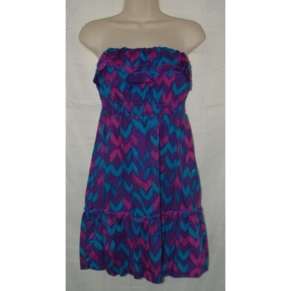 LIKE NEW Multicolored Sz Jr Small 3/5 Strapless Cotton Ruffled Sun Mini Dress OP